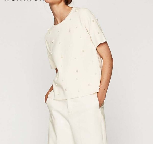o-neck new summer pearls beaded t -shirt women cotton loose casual black women short sleeve o -neck tee shirt high quality, White